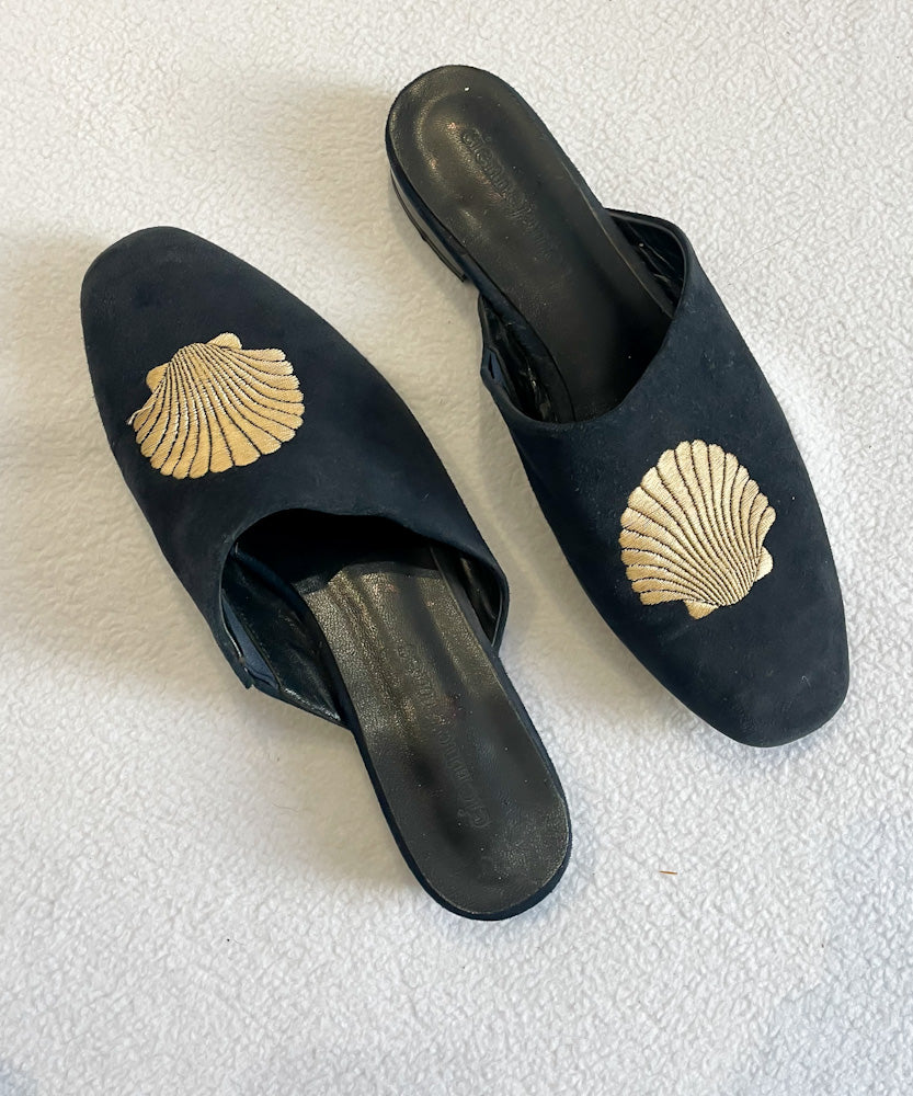 NAVY SUEDE LEATHER SHELL SLIDES (40)
