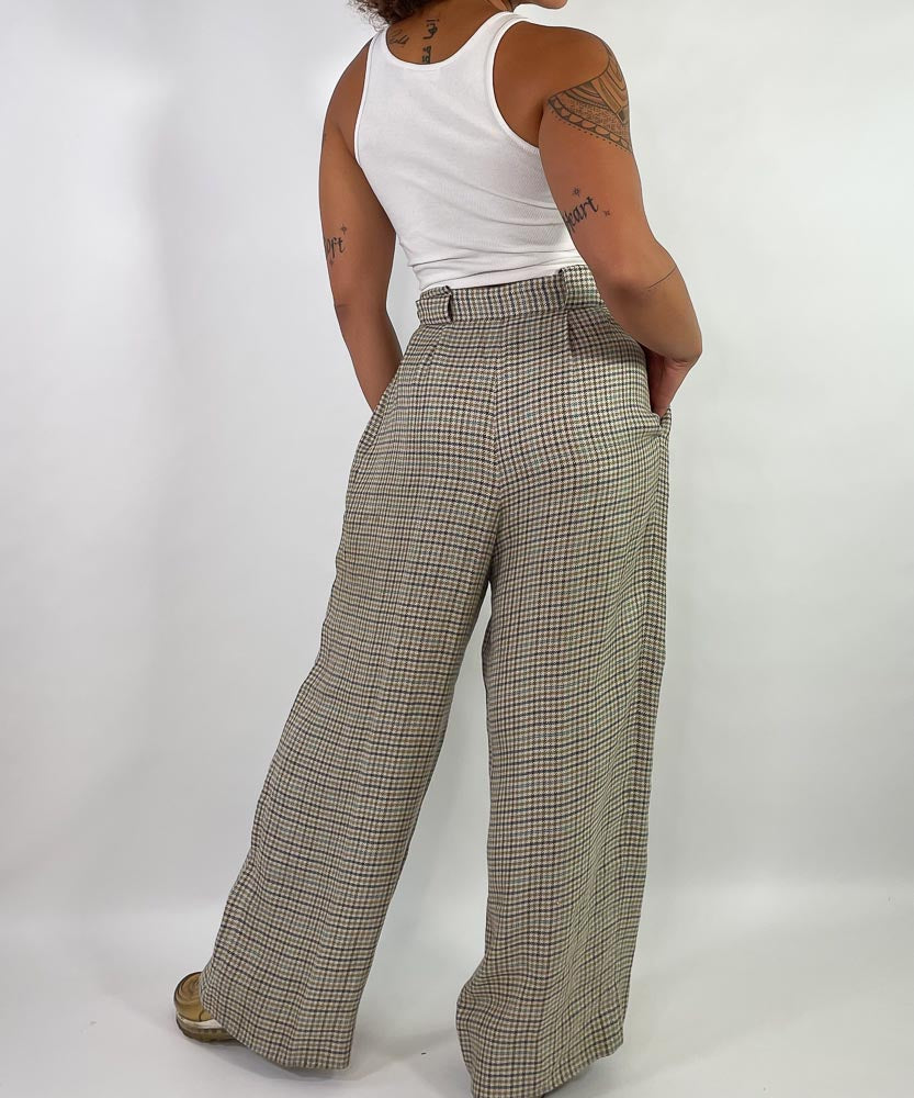VINTAGE WIDE LEG HOUNDSTOOTH TROUSERS (12-14)