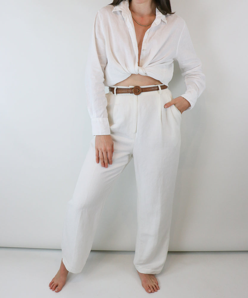 VINTAGE WHITE LINEN HIGH WAISTED TROUSERS (M)
