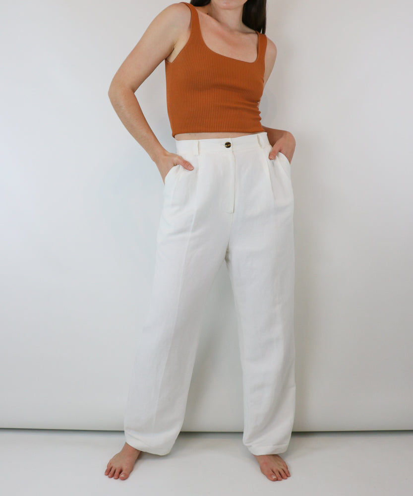 VINTAGE WHITE LINEN HIGH WAISTED TROUSERS (M)