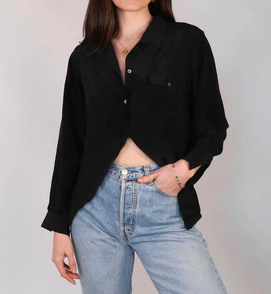 Vintage black silk button down blouse (AU8-12)