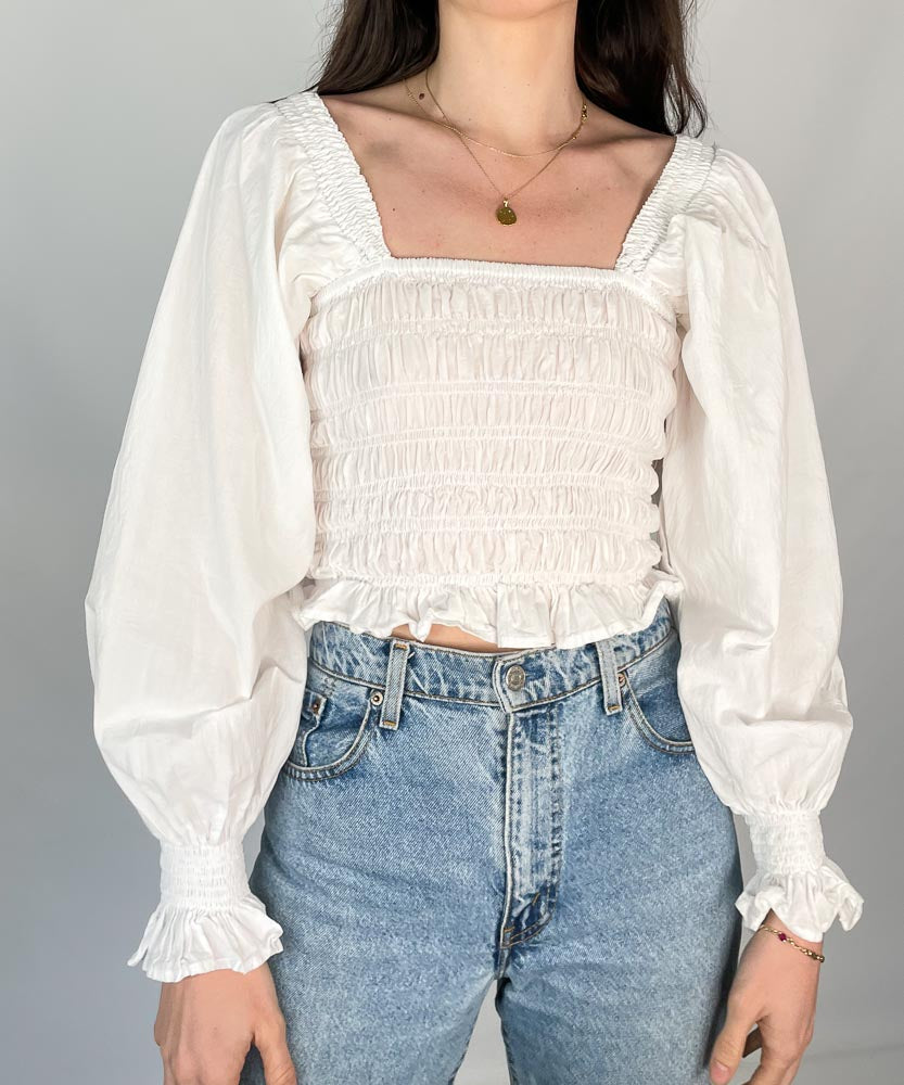 ESS THE LABEL WHITE COTTON SHIRRED BLOUSE (XS-S)