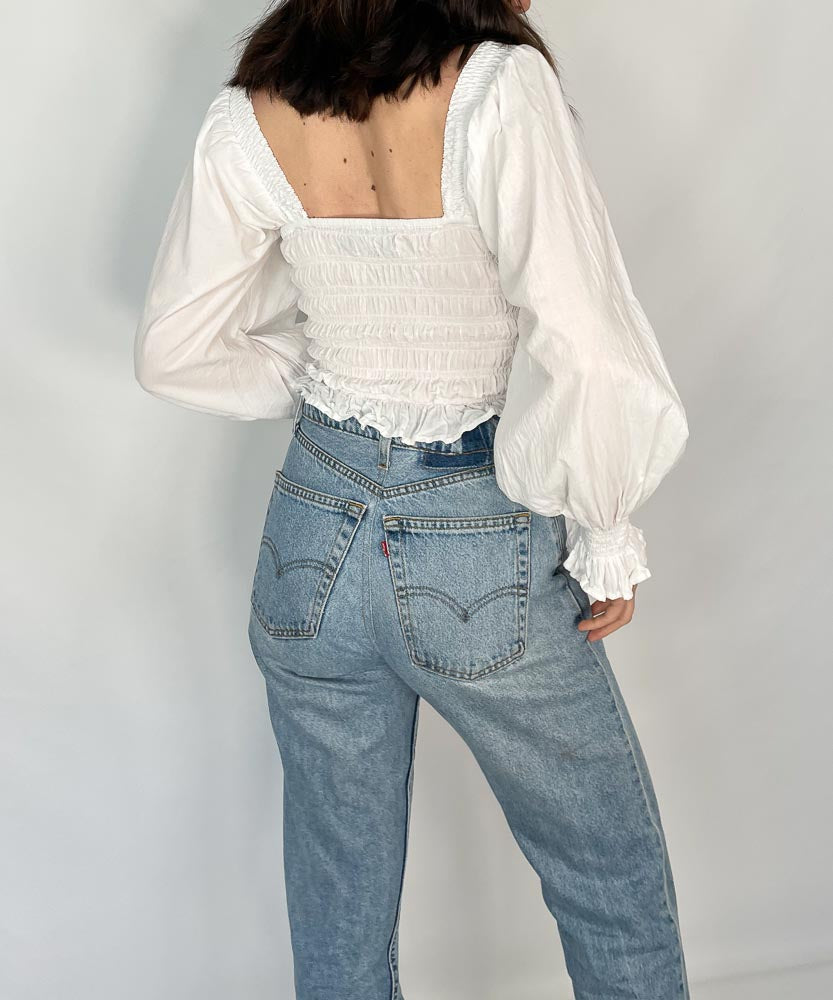 ESS THE LABEL WHITE COTTON SHIRRED BLOUSE (XS-S)
