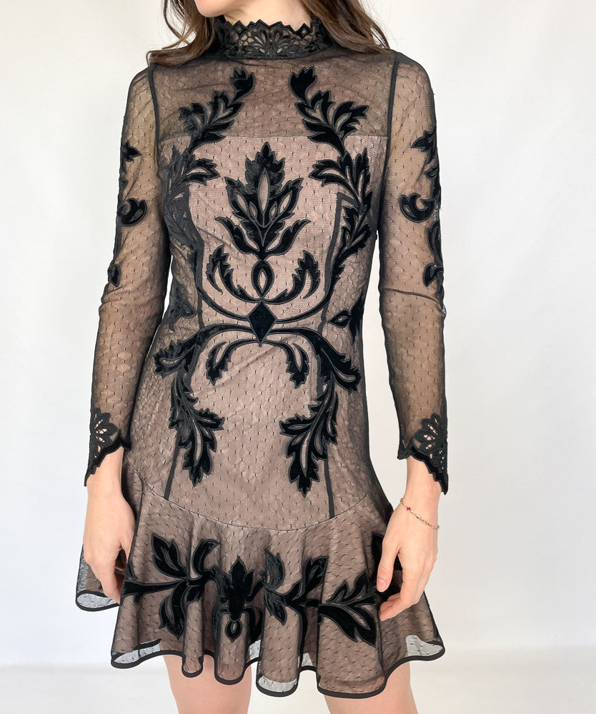 MANNING CARTEL EMBROIDERED LACE BLACK MINI DRESS (S)